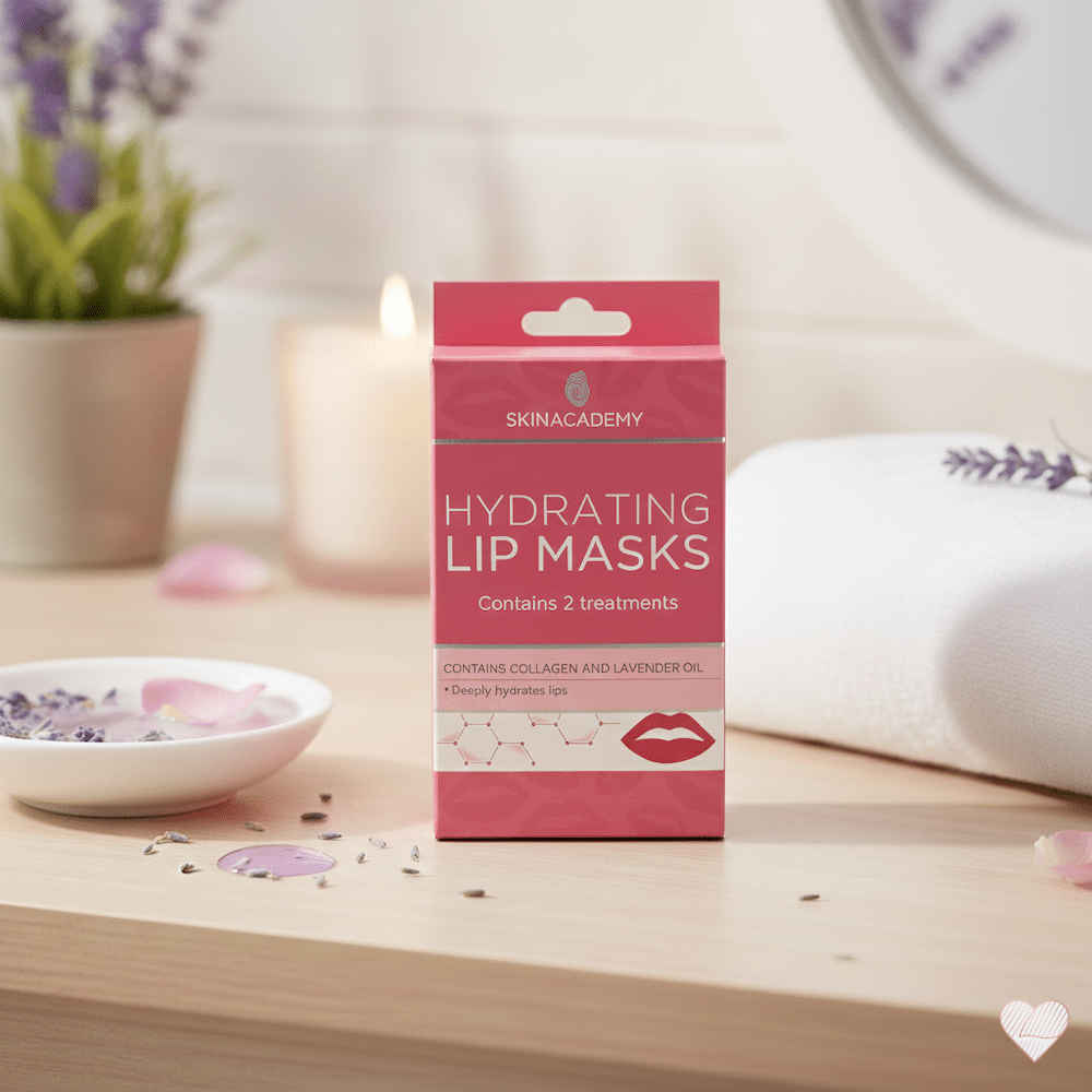 Vaaleanpunainen Skin Academy Hydrating Lip Masks -pakkaus puisella tasolla, taustalla laventelia ja palava kynttilä.