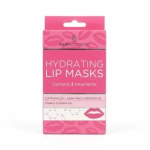 Skin Academy Hydrating Lip Masks -pakkaus, joka sisältää 2 kosteuttavaa huulinaamiota. Vaaleanpunaisessa pakkauksessa on sormenjälkilogo, tuotetekstit, huulikuvioita ja valkoinen alue molekyylirakenteella.
