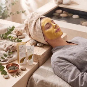 Nainen makaa silmät suljettuina pyyhe päässään ja kultainen kasvonaamio kasvoillaan spa-ympäristössä. Vieressä on Skin Academy Gold Peel Off Mask 80 ml -tuotepakkaus, tuubi, eukalyptuksen oksia ja luonnonkiviä.