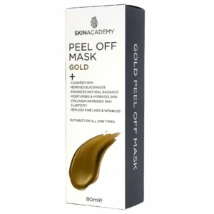 Skin Academy Gold Peel Off Mask 80 ml -kasvonaamion pahvipakkaus vinottain valkoisella taustalla. Valkoisessa etuosassa on kultainen sivelykuvio ja tuotteen ominaisuudet, tummanharmaassa sivussa valkoinen pystyteksti.