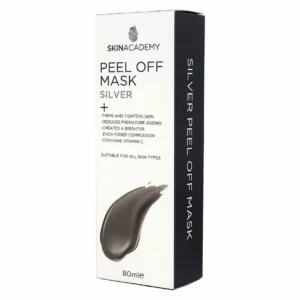 Skin Academy Silver Peel Off Mask 80 ml -kasvonaamion pahvipakkaus kuvattuna vinottain valkoisella taustalla. Valkoisessa etuosassa on metallinhohtoinen hopea sivelykuvio ja tuotteen ominaisuudet, tummanharmaassa sivussa valkoinen pystyteksti SILVER PEEL OFF MASK.
