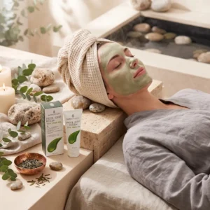 Nainen makaa silmät suljettuina pyyhe päässään ja vihreä kasvonaamio kasvoillaan spa-ympäristössä. Vieressä on Skin Academy Tea Tree Oil Peel Off Mask 80 ml -tuotepakkaus, tuubi, kynttilöitä, eukalyptuksen oksia ja luonnonkiviä.