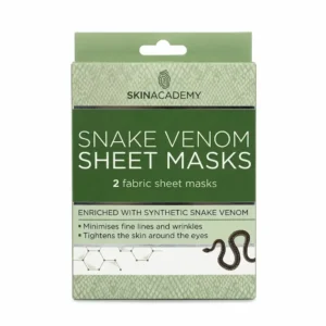 Skin Academy Snake Venom Sheet Masks -pakkaus, joka sisältää 2 kiinteyttävää kangaskasvonaamiota. Vihreäsävyisessä pakkauksessa on sormenjälkilogo, tuotetekstit, käärmekuvioitu tausta, molekyylirakenne sekä pieni käärmeen kuva.