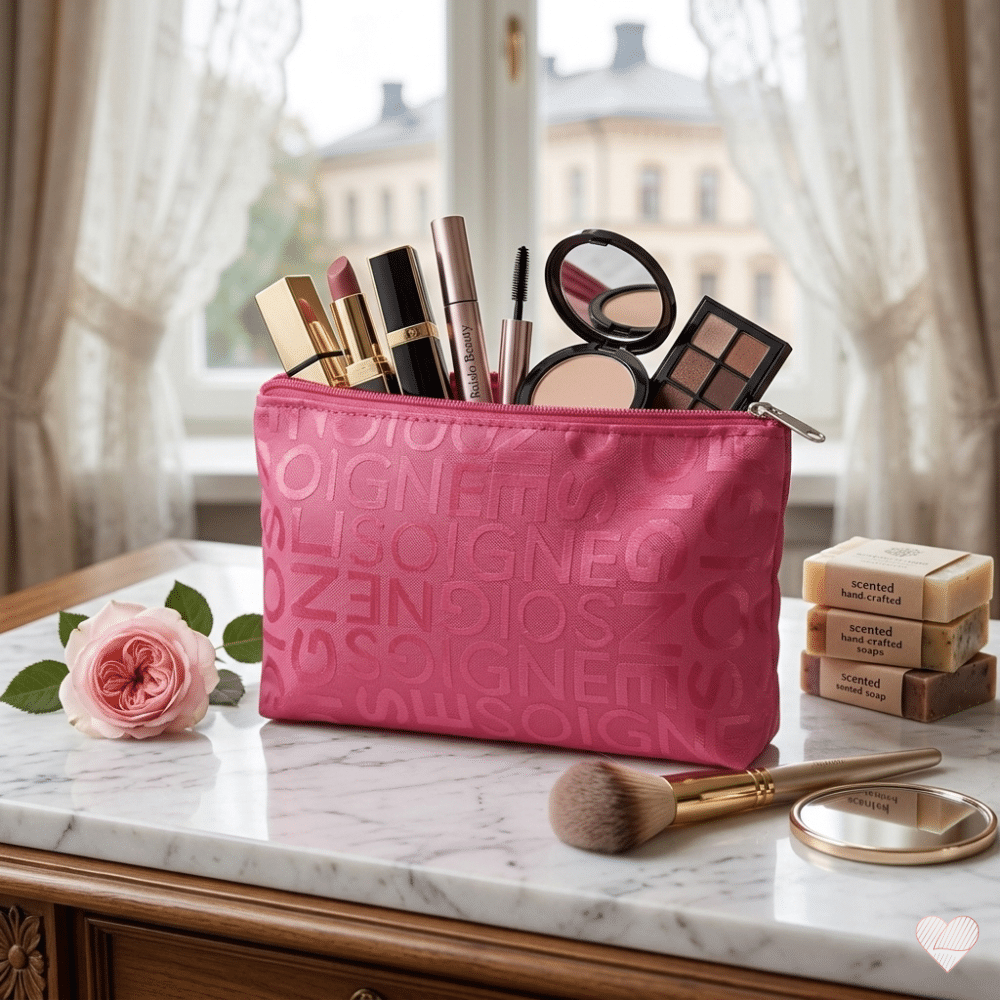 Pinkki Soigne-meikkilaukku täynnä kosmetiikkaa marmoripöydällä ikkunan edessä, vieressään ruusu ja saippuoita.