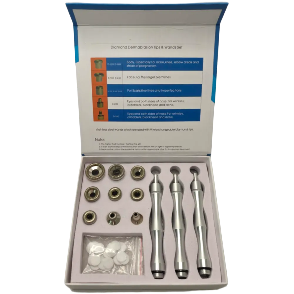Kattava tarvikesetti timanttihiontalaitteisiin. Sisältää 3 vartta ja 9 erilaista kärkeä ihon pinnan mekaaniseen kuorintaan ja heleyttämiseen.