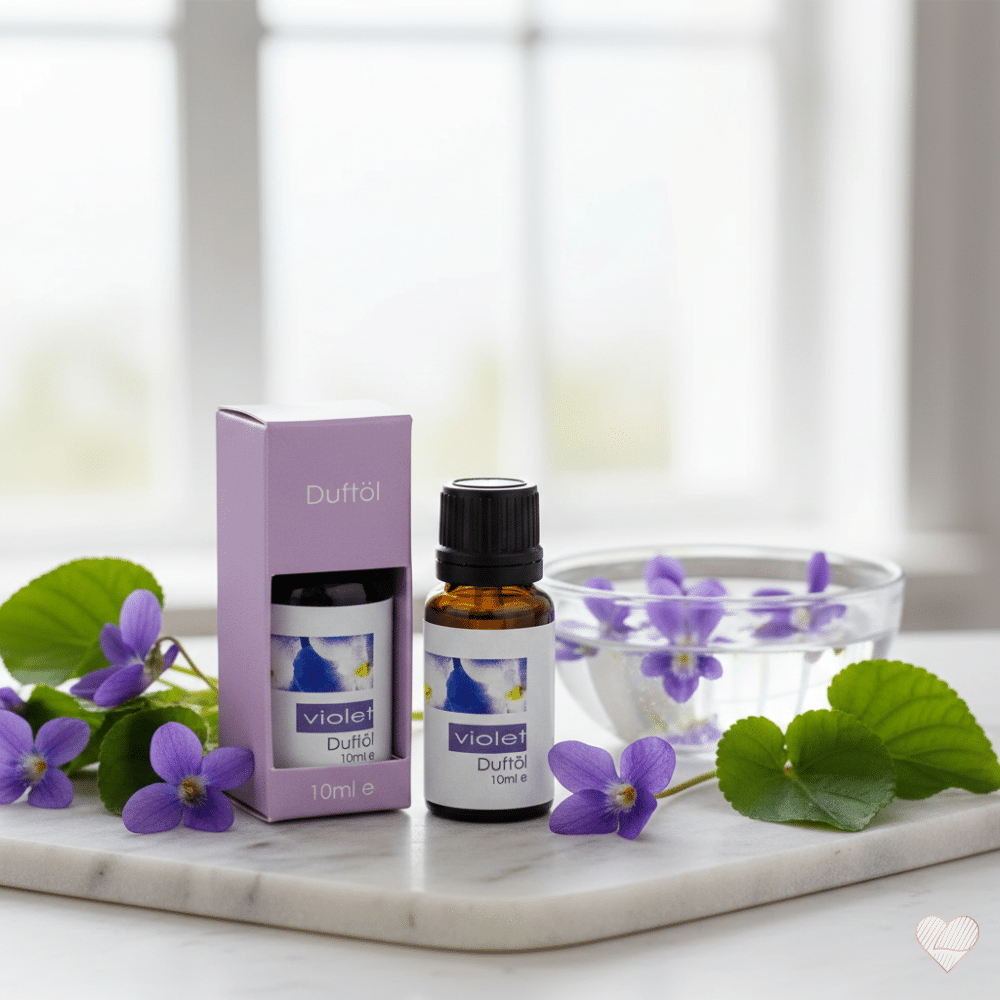 Violet Duftöl -tuoksuöljypullo ja lila pakkaus marmorialustalla tuoreiden orvokkien ympäröimänä.