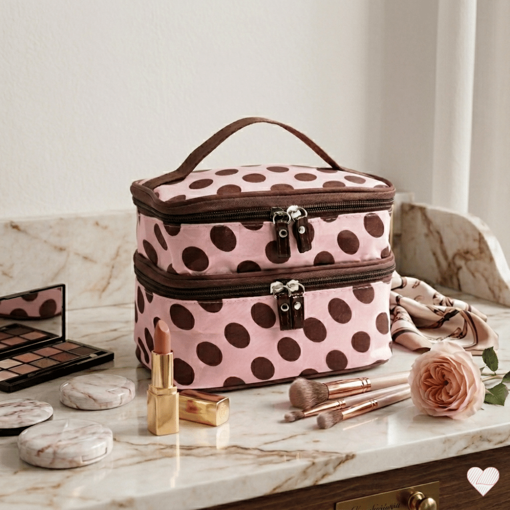Vaaleanpunainen meikkilaukku ruskeilla palloilla marmoritasolla, vieressään huulipuna, siveltimiä ja ruusu.