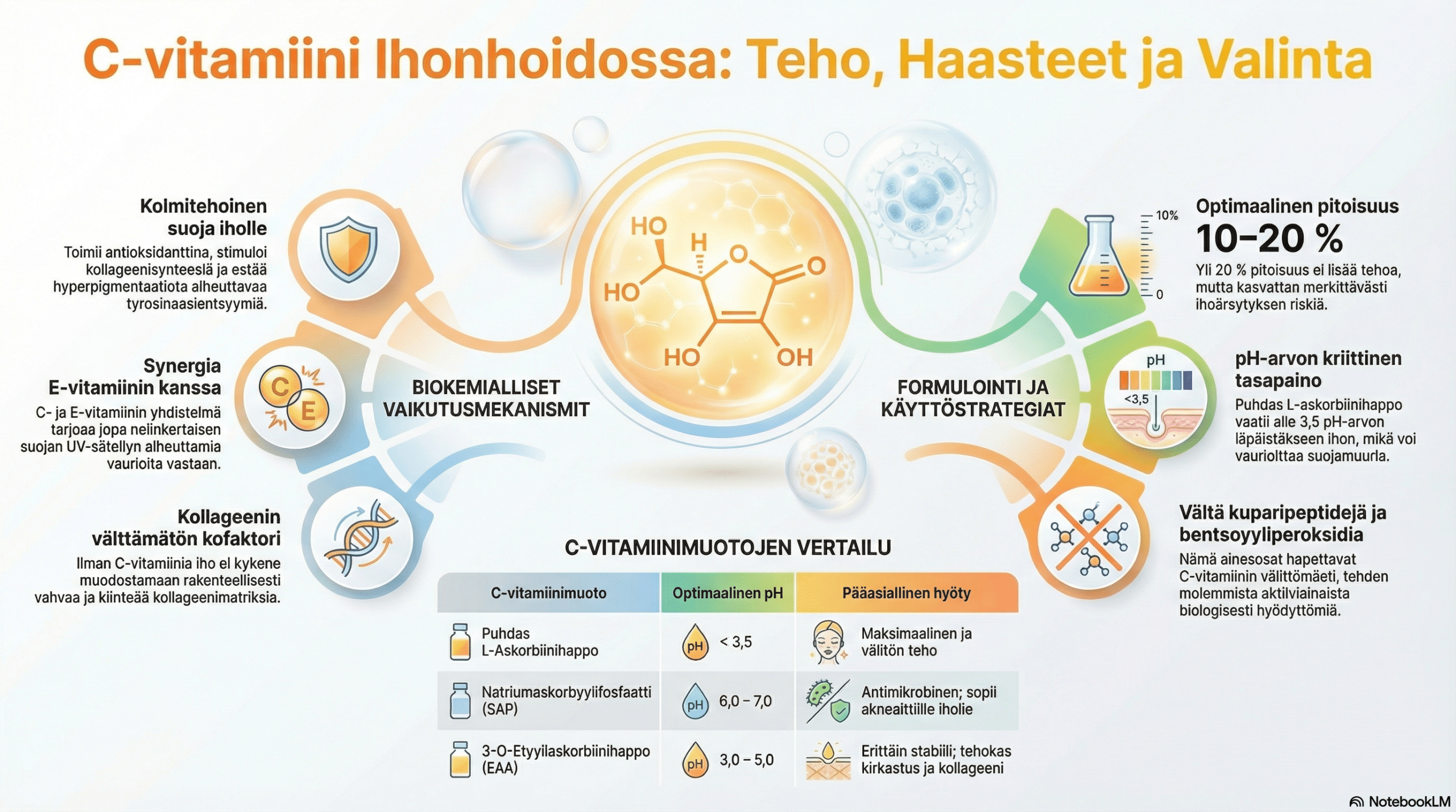 Infografiikka C-vitamiinin vaikutuksista iholla, eri johdannaisten eroista, optimaalisesta pitoisuudesta ja pH-arvosta.
