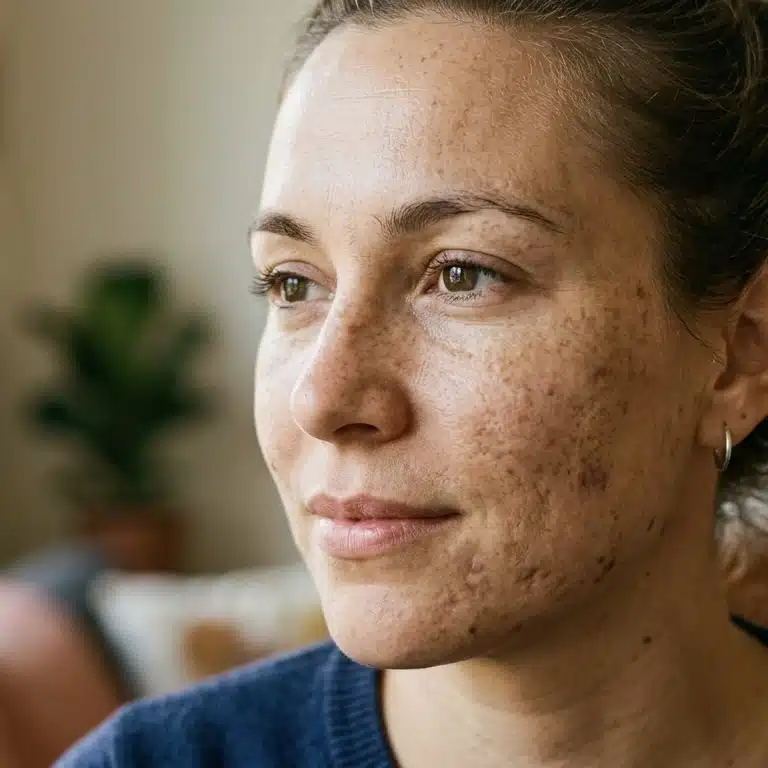 Lähikuva naisen kasvoista, joissa näkyy selkeitä pigmenttimuutoksia ja aknearpia posken alueella.