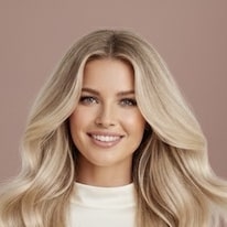 Hymyilevä nainen, jolla on heleyttävä luonnollinen meikki ja tuuheat vaaleat hiukset.