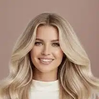 Hymyilevä nainen, jolla on heleyttävä luonnollinen meikki ja tuuheat vaaleat hiukset.