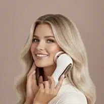 Nainen käyttää valkoista sähköistä kasvojenpuhdistuslaitetta poskellaan ja hymyilee.