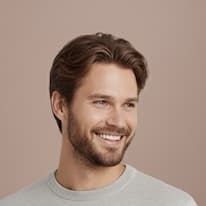 Hymyilevä mies, jolla on huolitellut ruskeat hiukset ja lyhyt parta vaaleanpunaisella taustalla.