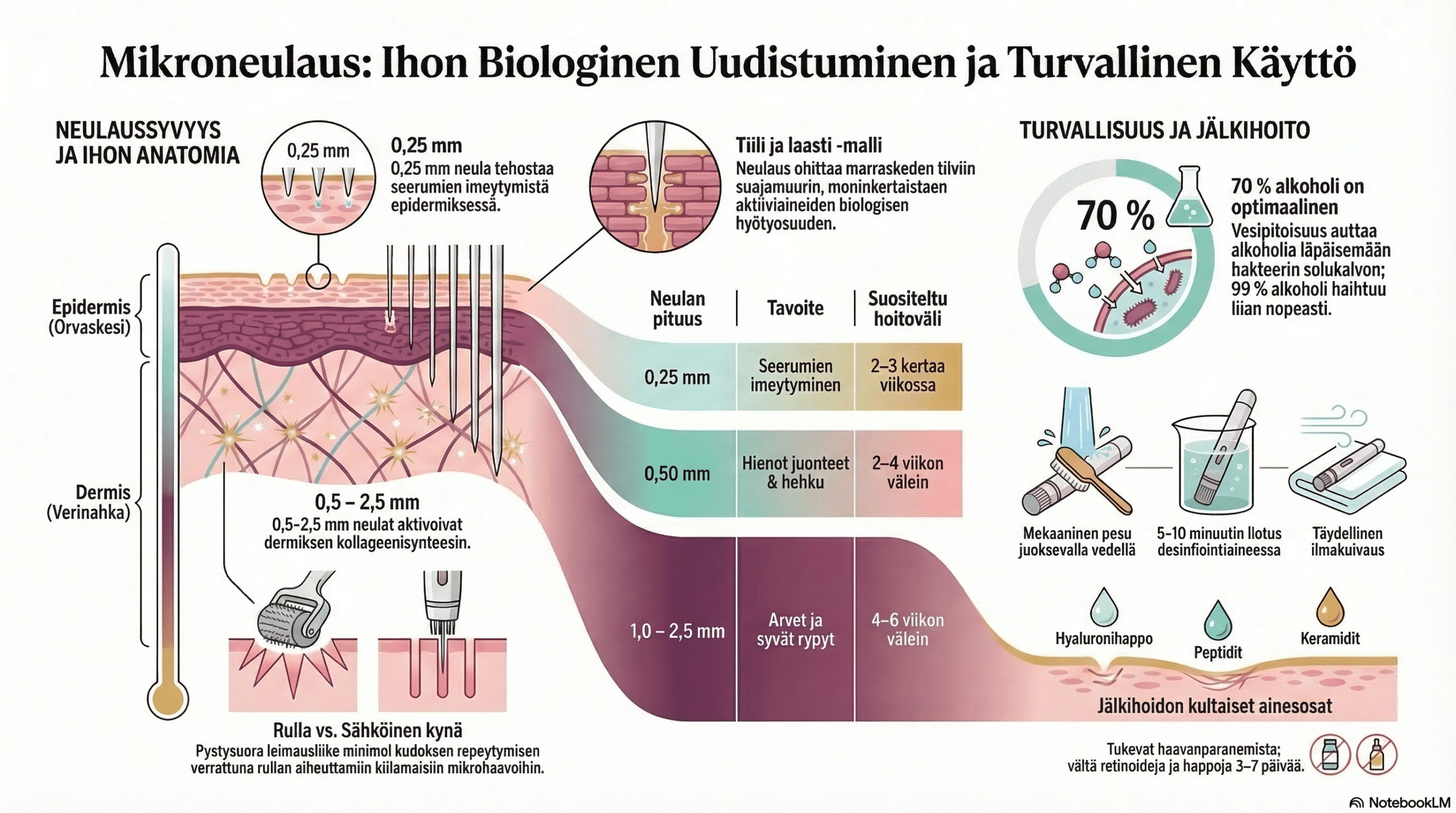 Infografiikka mikroneulauksen vaikutuksesta ihoon, eri neulaussyvyyksien tavoitteista ja laitteen turvallisesta puhdistuksesta.