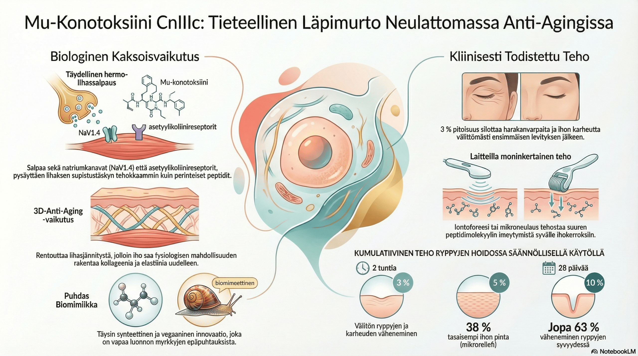 Infografiikka Mu-konotoksiini CnIIIC:n ryppyjä silottavasta tehosta, hermolihassalpauksesta ja kliinisistä tuloksista.
