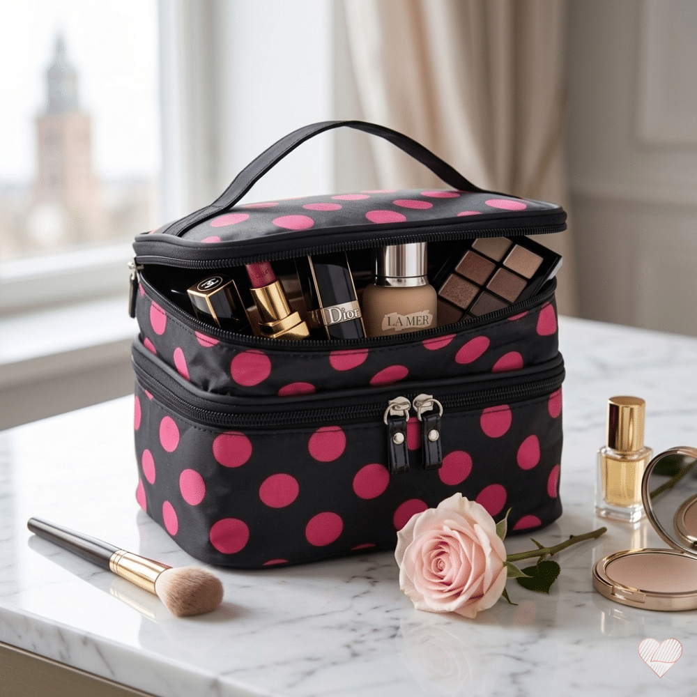 Musta meikkilaukku vaaleanpunaisilla pilkuilla, avattu yläosa täynnä kosmetiikkaa marmoripöydällä ikkunan edessä.