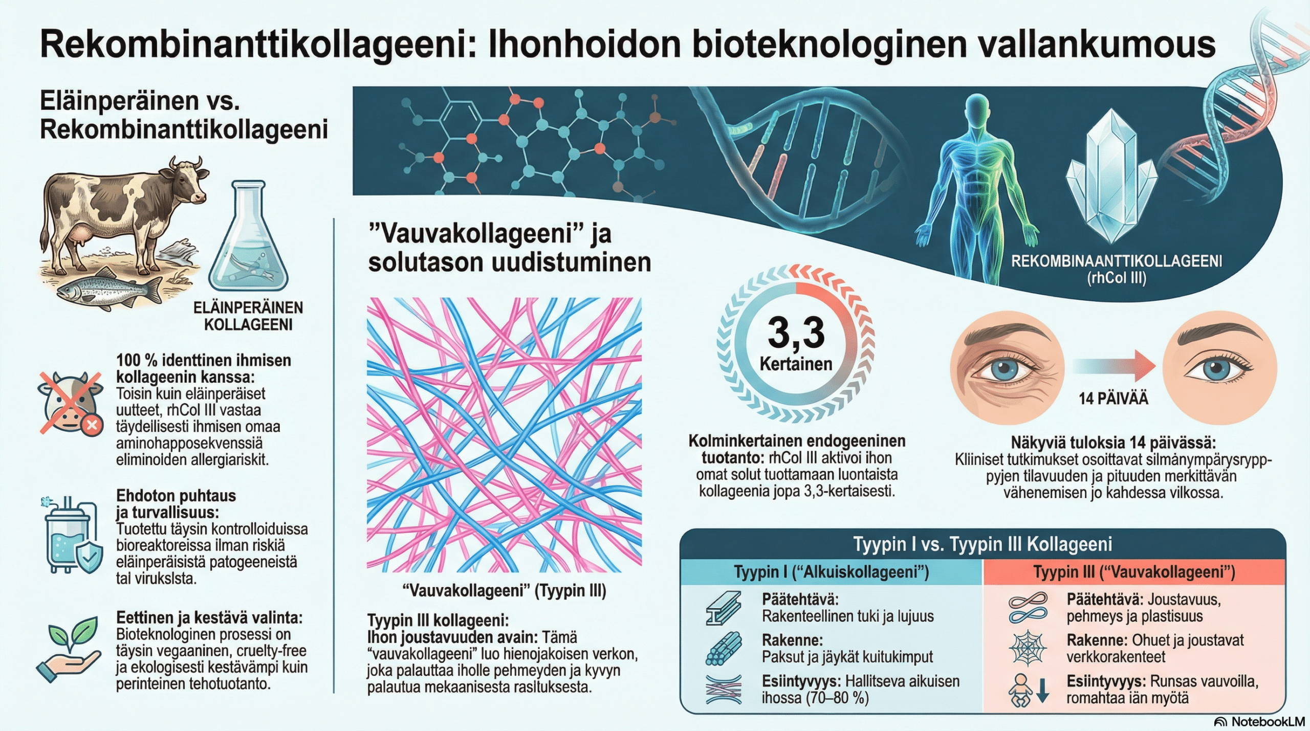 Infografiikka vegaanisen rekombinanttikollageenin eroista eläinperäiseen ja tyypin III vauvakollageenin anti-aging-tehosta.