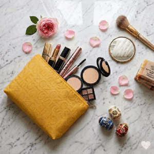 Ylhäältä kuvattu keltainen kohokuvioitu meikkipussi täynnä meikkejä, siveltimiä, ruusunlehtiä ja koristeellisia pääsiäismunia marmorilla.