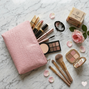 Ylhäältä kuvattu vaaleanpunainen kohokuvioitu meikkipussi täynnä meikkejä, siveltimiä ja ruusunlehtiä marmoripinnalla.