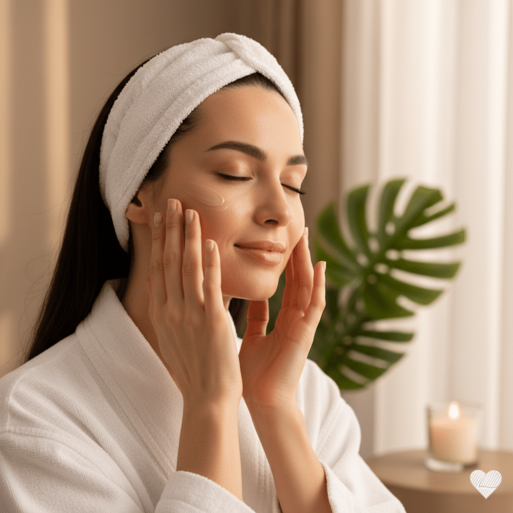 Nainen levittää kirkastavaa SymWhite 377 -voidetta kasvoilleen seesteisessä ympäristössä, taustalla viherkasvi.