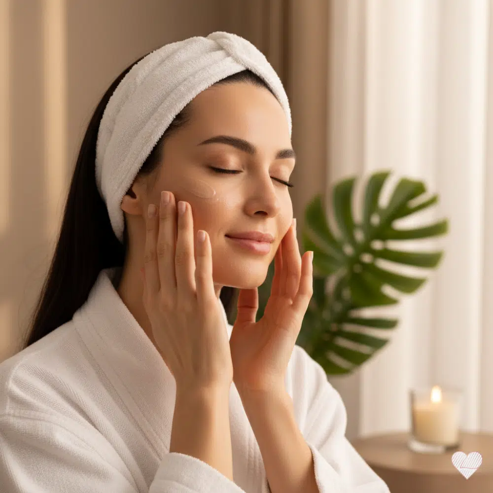 Nainen levittää kirkastavaa SymWhite 377 -voidetta kasvoilleen seesteisessä ympäristössä, taustalla viherkasvi.