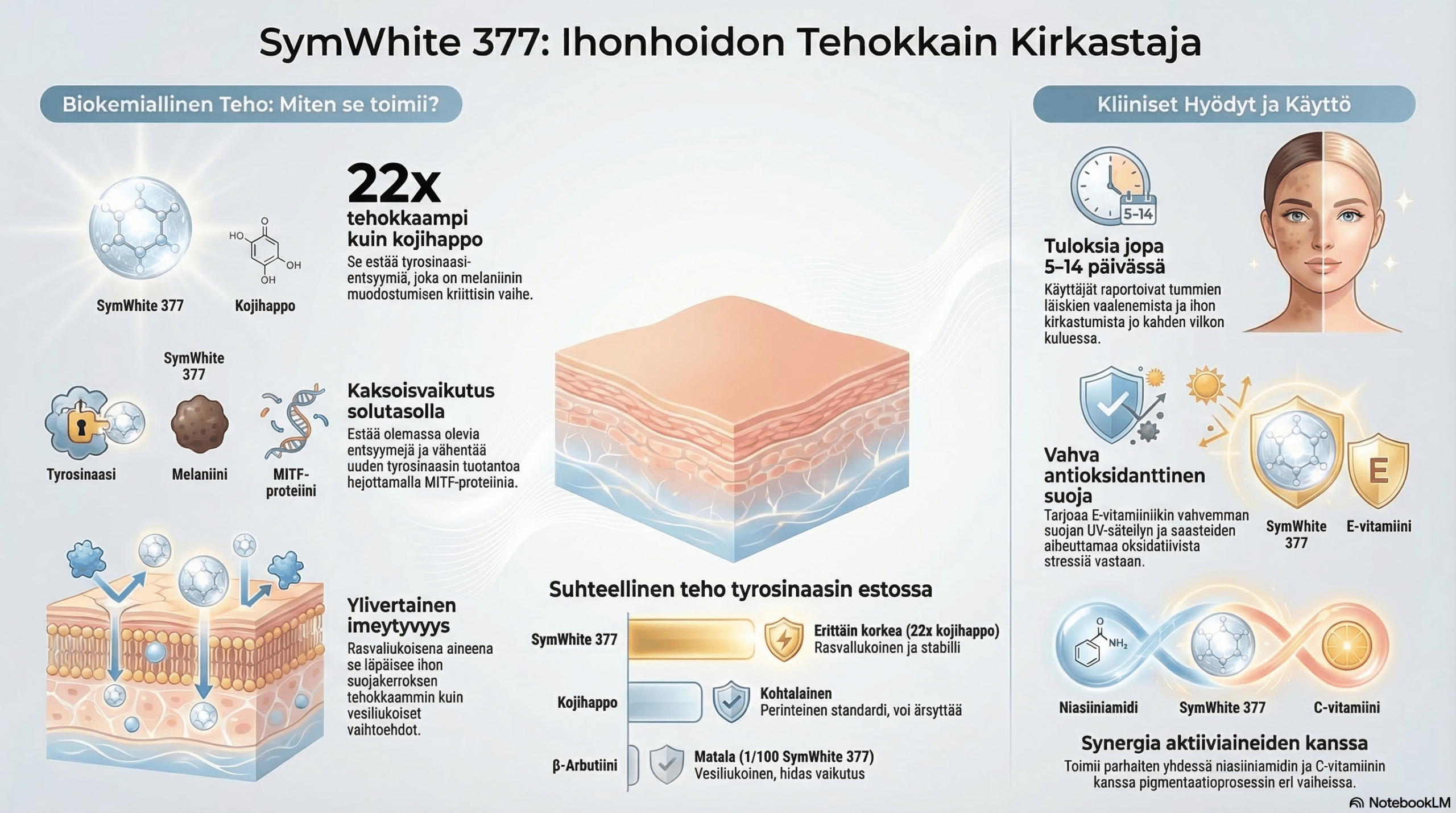 Infografiikka SymWhite 377 -ainesosan tehosta: vaalentaa tummia läiskiä 22 kertaa kojihappoa tehokkaammin vain 5-14 päivässä.