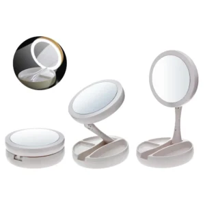 Valkoinen LED-meikkipeili säilytyslokerolla. Kuvassa havainnollistetaan 1x ja 10x suurennukset sekä 360 asteen kääntyvyys.