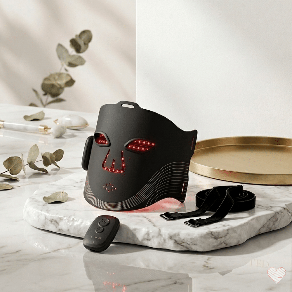 Musta RM19-4 LED-valomaski punaisella valoterapiapotentiaalilla, kaukosäädin ja kiinnityshihnat marmorialustalla.