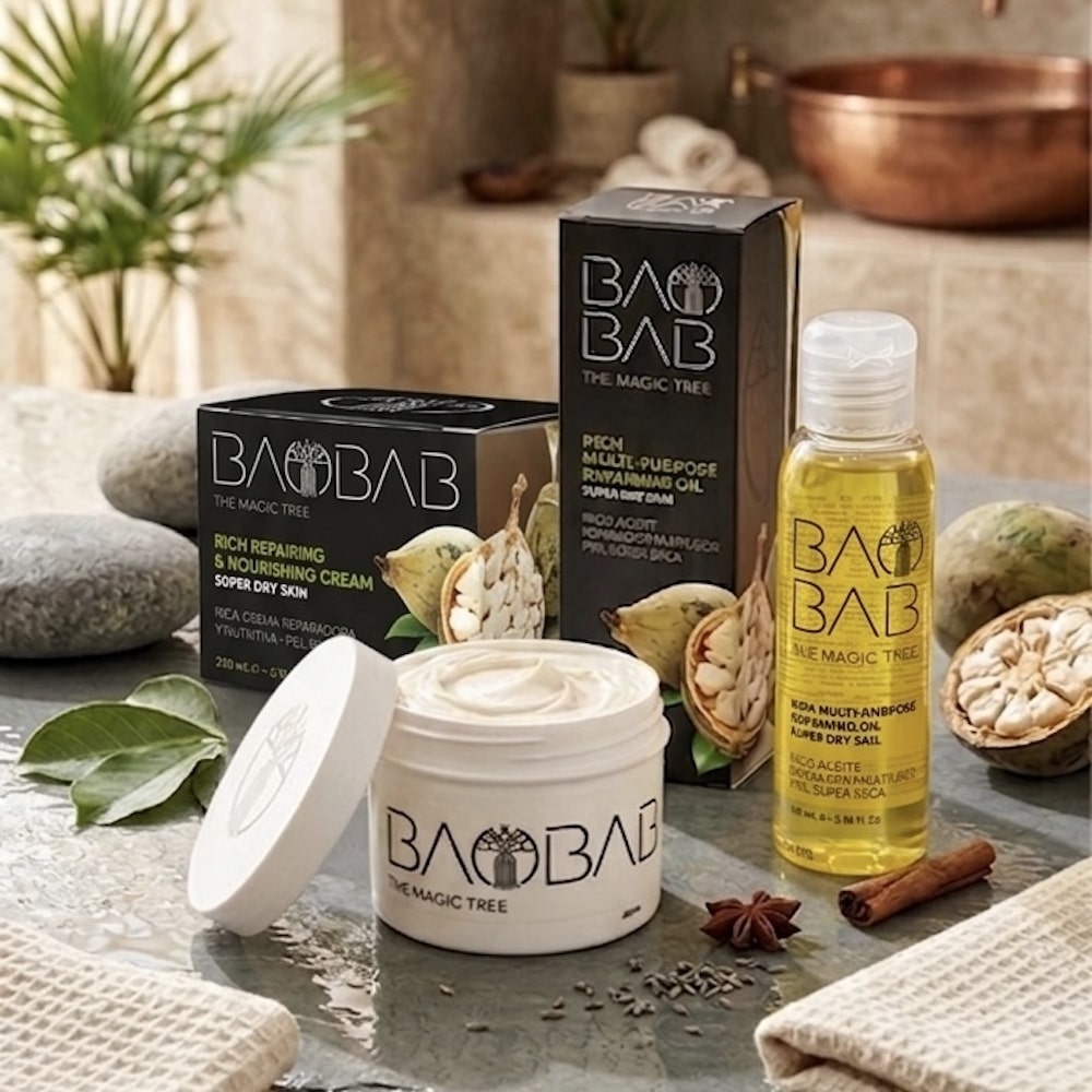 Baobab-ihonhoitotuotteita: kosteuttava voide avatussa purkissa, kasvoöljy ja tuotepakkaukset kivien ja kanelitankojen ympäröimänä.