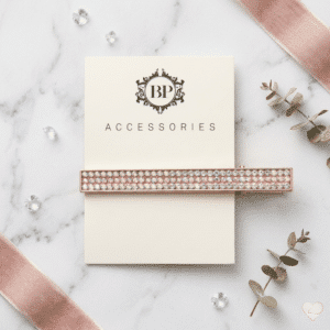 Pitkä ruusukultainen hiusklipsi, joka on koristeltu kolmella rivillä kimaltelevia strasseja, aseteltuna vaalealle logokortille marmoritaustalla.