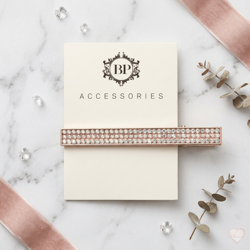 Pitkä ruusukultainen hiusklipsi, joka on koristeltu kolmella rivillä kimaltelevia strasseja, aseteltuna vaalealle logokortille marmoritaustalla.