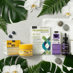 Diet Esthetic Anti-Age tuotepaketti: Ceramide-voide, Telomerase-naamio ja Bakuchiol-seerumi trooppisten lehtien ympäröimänä.