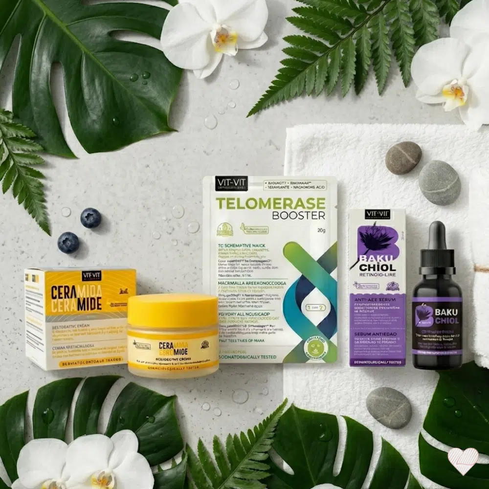 Diet Esthetic Anti-Age tuotepaketti: Ceramide-voide, Telomerase-naamio ja Bakuchiol-seerumi trooppisten lehtien ympäröimänä.