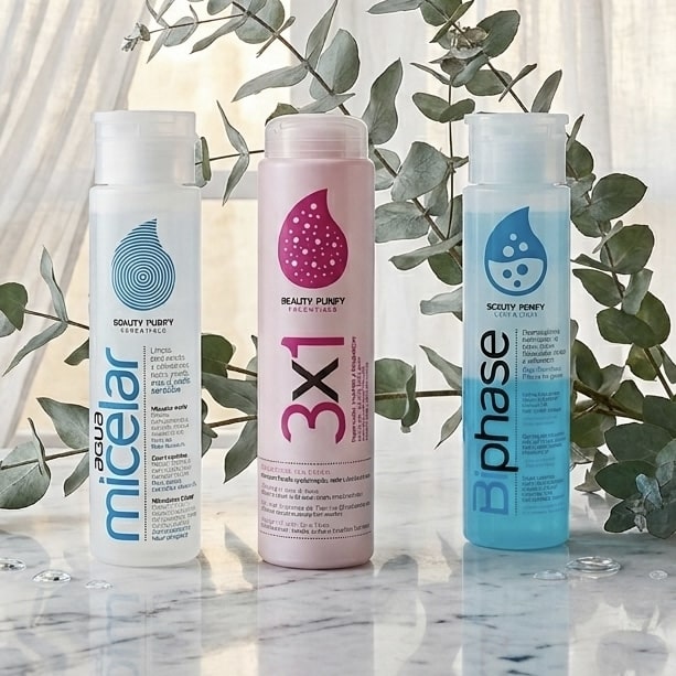 Diet Esthetic Beauty Purify -setti. Puhdistuspaketti: misellivesi, 3in1-puhdistus ja kaksivaiheinen meikinpoistoaine eukalyptuksen oksilla.