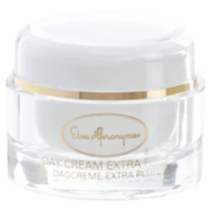 Tyylikäs valkoinen Elsa Hjeronymus Day Cream Extra Plus -päivävoidepurkki kultaisilla yksityiskohdilla ja teksteillä.