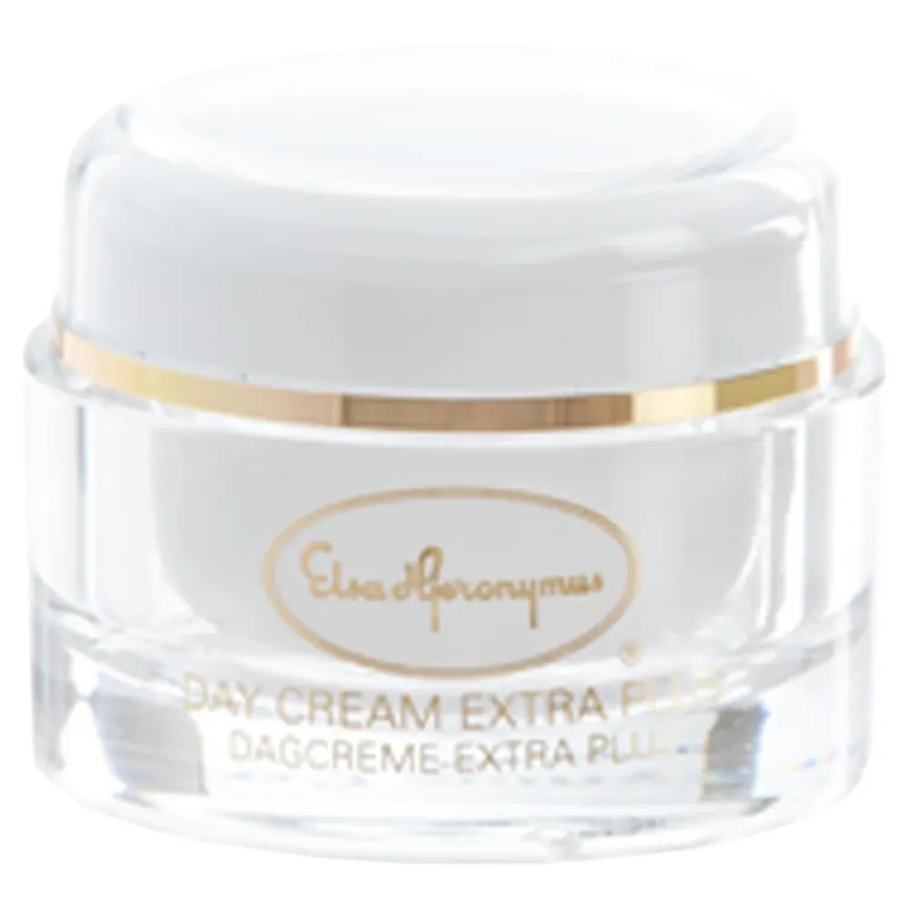 Tyylikäs valkoinen Elsa Hjeronymus Day Cream Extra Plus -päivävoidepurkki kultaisilla yksityiskohdilla ja teksteillä.