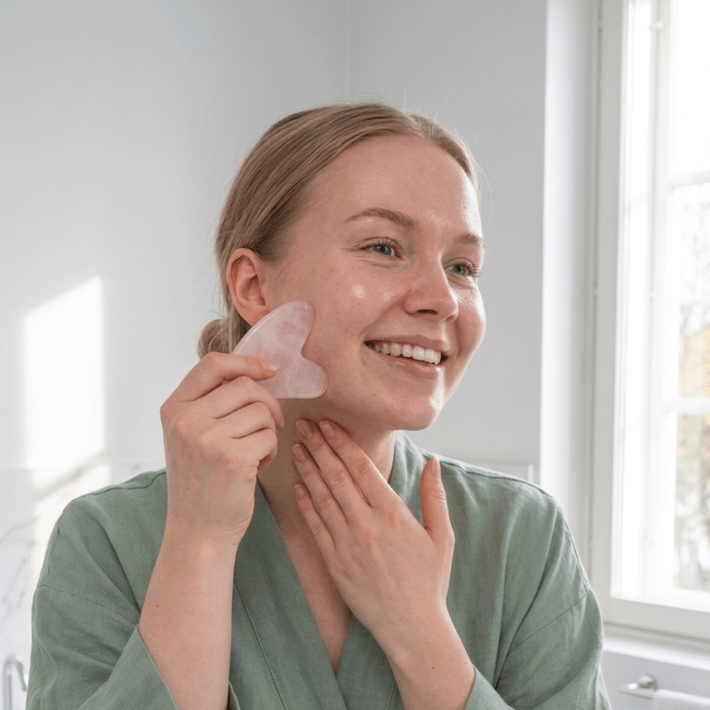 Hymyilevä nainen tekee kasvohierontaa vaaleanpunaisella Gua Sha -kivellä posken ja leuan alueelle.