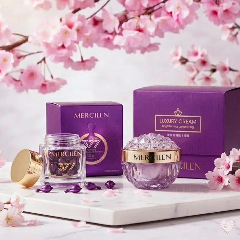 Mercilen Luxury Cream -kollageenivoide ja 377-seerumikapselit kirsikankukkien ympäröimänä.