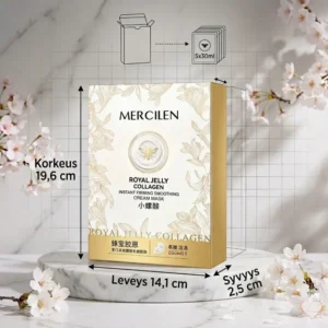 Kultavalkoinen Mercilen Royal Jelly Collagen -kasvonaamiopakkaus aseteltuna pyöreälle marmorialustalle kirsikankukkien keskelle. Kuvaan on merkitty pakkauksen mitat: korkeus 19,6 cm, leveys 14,1 cm ja syvyys 2,5 cm.