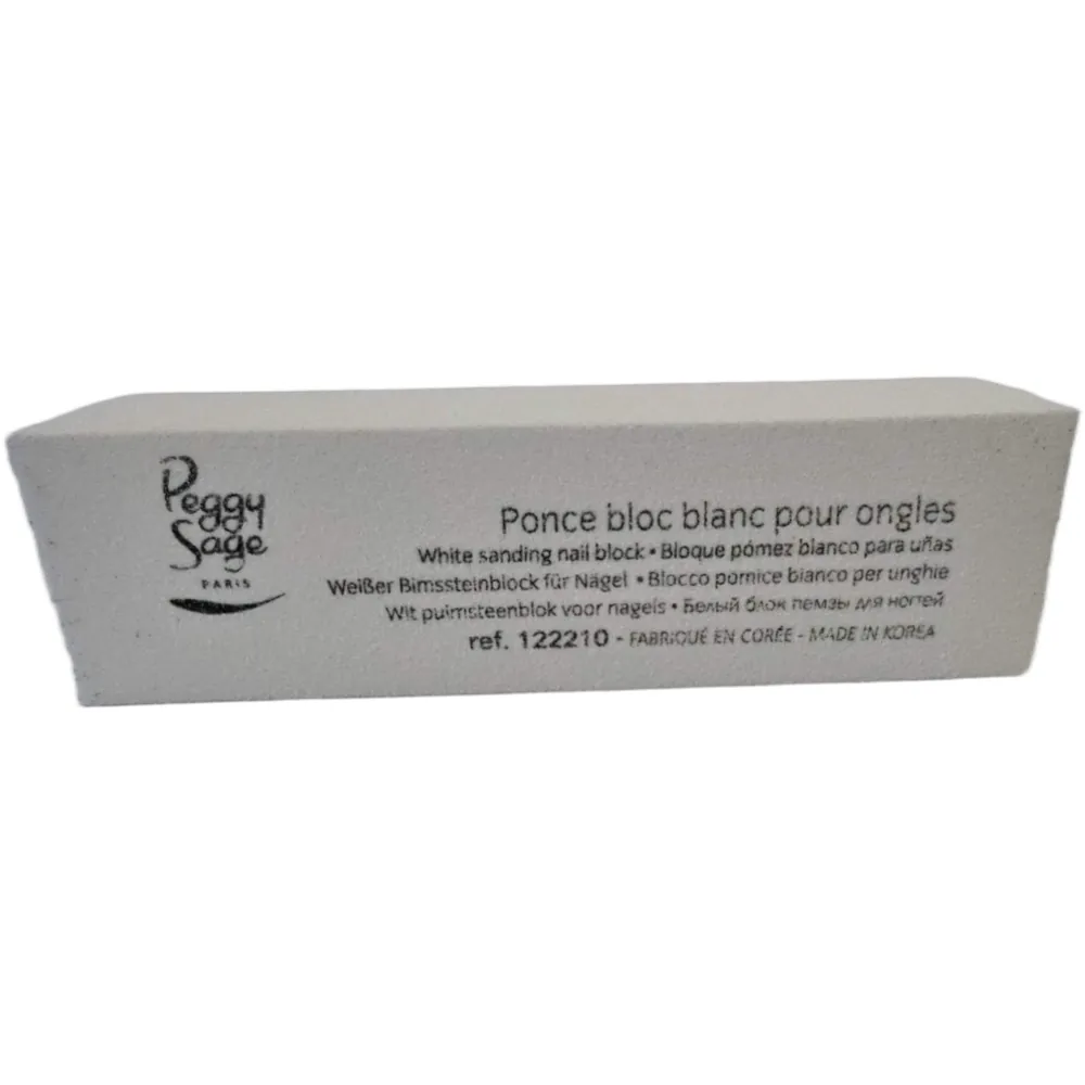 Valkoinen suorakulmainen Peggy Sage -hiomapalkki kynsien tasoittamiseen, jonka sivussa on mustaa tuotetekstiä.