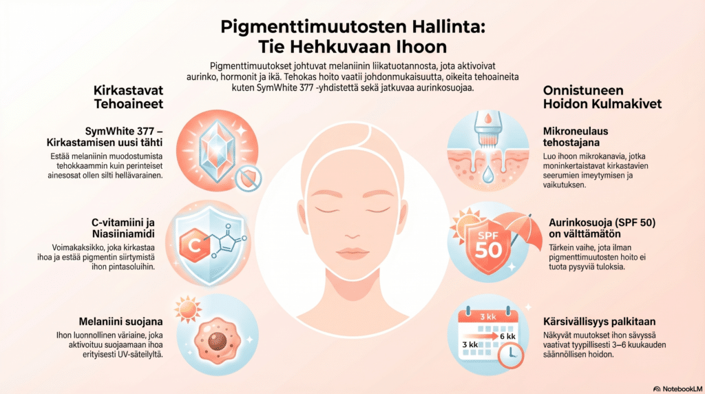 Infograafi pigmenttimuutosten hoidosta, esitellen SymWhite 377 -yhdisteen, C-vitamiinin, mikroneulauksen ja aurinkosuojan.