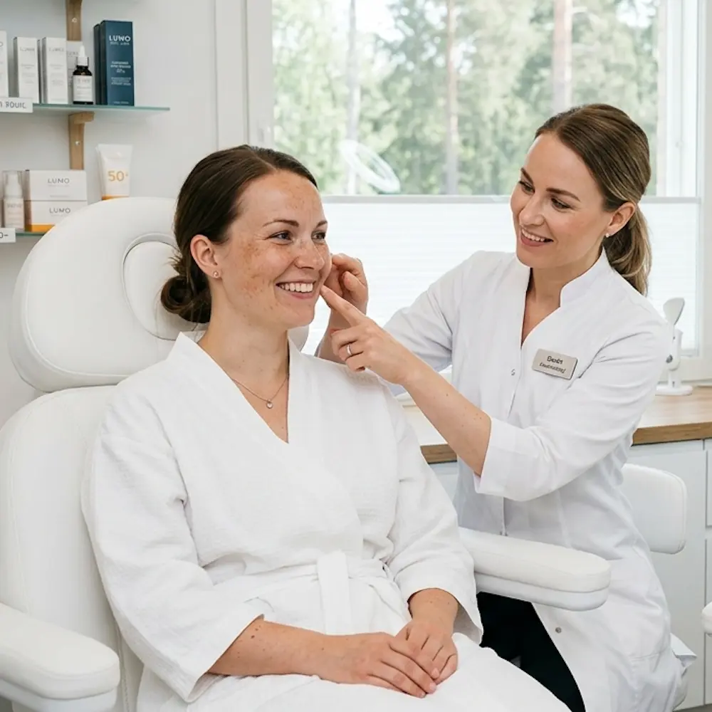 Kosmetologi analysoimassa hymyilevän naisen kasvojen ihoa ja pisamia valoisassa hoitolassa.