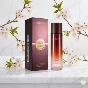 Mercilen Cordyceps Bosin Light Perception Essence Water -pullo ja pakkaus valkoisella marmorialustalla, ympärillään vaaleanpunaisia kirsikankukkia ja kukkivia oksia.