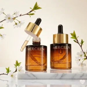 Kaksi ruskeaa Mercilen Ginseng Lady Photon Oil -lasipulloa valkoisella marmorialustalla. Toinen pullo on avattu ja sen kultainen pipetti on nostettu esiin. Taustalla kukkivia kirsikkapuun oksia.