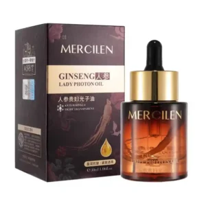 Mercilen Ginseng Lady Photon Oil -kasvoöljypullo ja sen tyylikäs tummanpuhuva myyntipakkaus valkoisella taustalla.