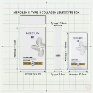 Tekninen tuotekuva Mercilen Kollageeni-Peptidi -silmänympärynaamiosta mittaruudukossa. Ulkopakkauksen korkeus on 17,5 cm, leveys 12,0 cm ja syvyys 2,5 cm. Yksittäisen naamiopussin korkeus on noin 15,0 cm ja leveys 10,0 cm.