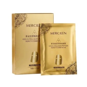 Kultainen Mercilen Gold Collagen Peptide Honeycomb Mask -tuotepakkaus ja sen edessä oleva yksittäinen naamiopussi puhtaalla valkoisella taustalla.