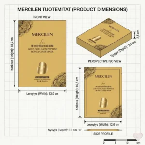Tekninen mittapiirros Mercilen Gold Collagen Peptide Honeycomb Mask -tuotteista. Kuvassa on merkitty myyntipakkauksen korkeus 18,5 cm, leveys 13,0 cm ja syvyys 2,5 cm, sekä yksittäisen naamiopussin korkeus 16,5 cm, leveys 12,0 cm ja syvyys 0,3 cm.