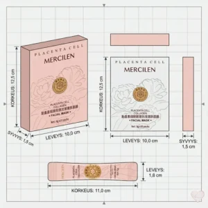 Tekninen mittapiirros vaaleanpunaisesta Mercilen Placenta Cell Collagen -kasvonaamiopakkauksesta ja kapeasta annospussista. Pakkauksen korkeus on 12,5 cm, leveys 10,0 cm ja syvyys 1,5 cm. Annospussin pituus on 11,0 cm ja leveys 1,8 cm.