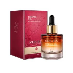 Mercilen Essence Oil Rose Squalane -seerumi lasisessa pipettipullossa ja viininpunainen myyntipakkaus, jossa on kohokuvioituja ruusuja.